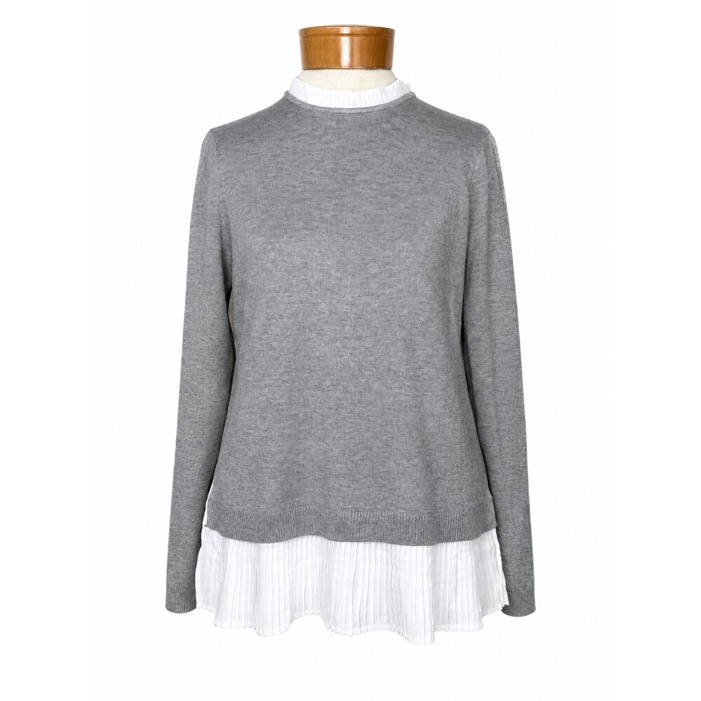 Adrianna Papell Layered Sweater Gray White Pleated Hem Women Medium
